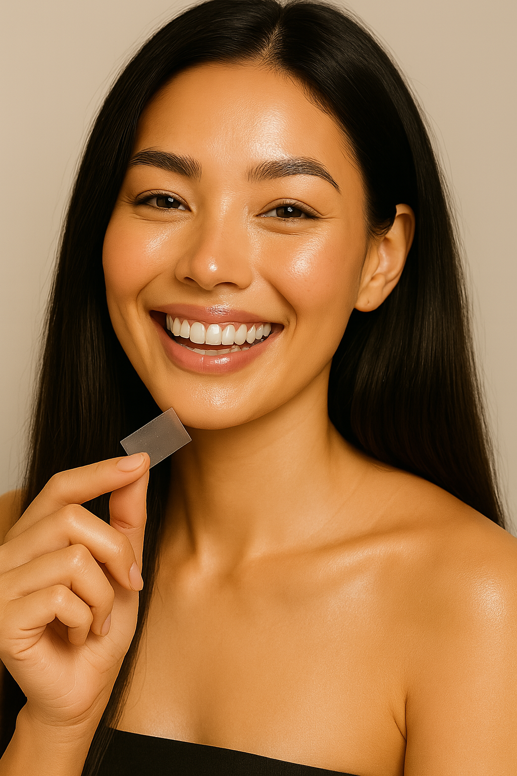 model holding strip near face clear oral dissolving supplement hair skin nails beauty anti aging vitamin NAD collagen pills powders liquid serum mask beauty anti aging