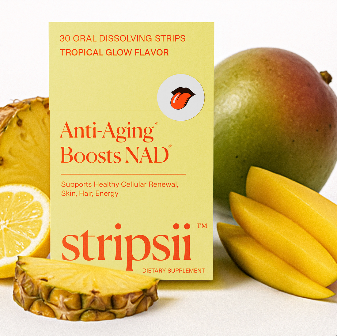 stripsii individually wrapped tropical glow flavor oral strips supplements hair skin nails collagen NAD TSA-friendly cruelty free sugar free tasty travel easy gentle stomach safe
