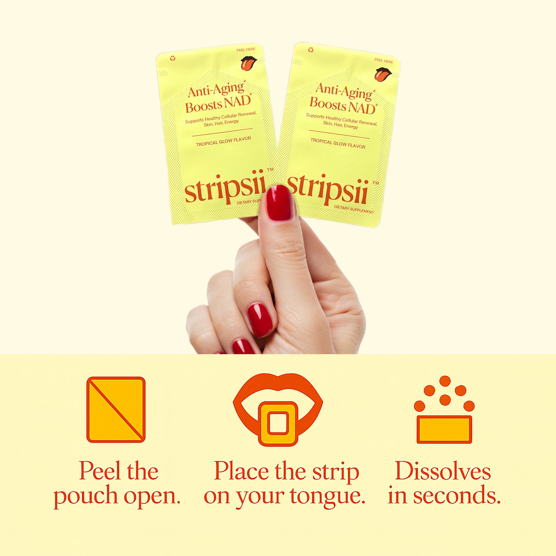 Two yellow 'stripsii' packets held by a hand with red nail polish, against a white background.