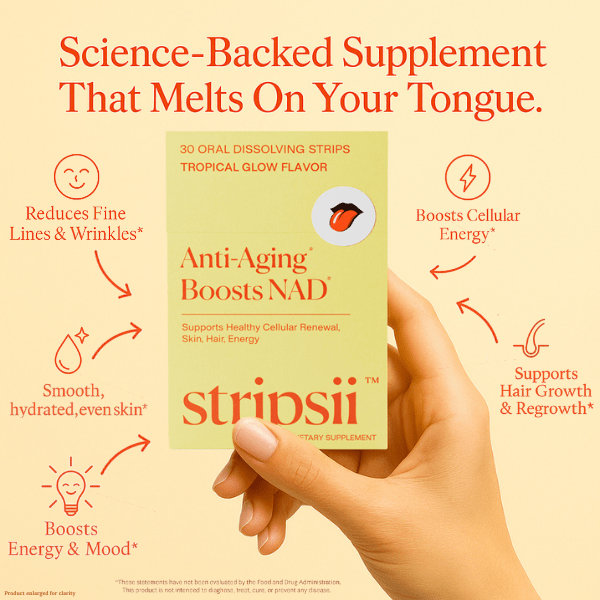 Best anti-aging supplement for women over 30. Melt-in-your-mouth strips with collagen, biotin, NAD for daily beauty support.