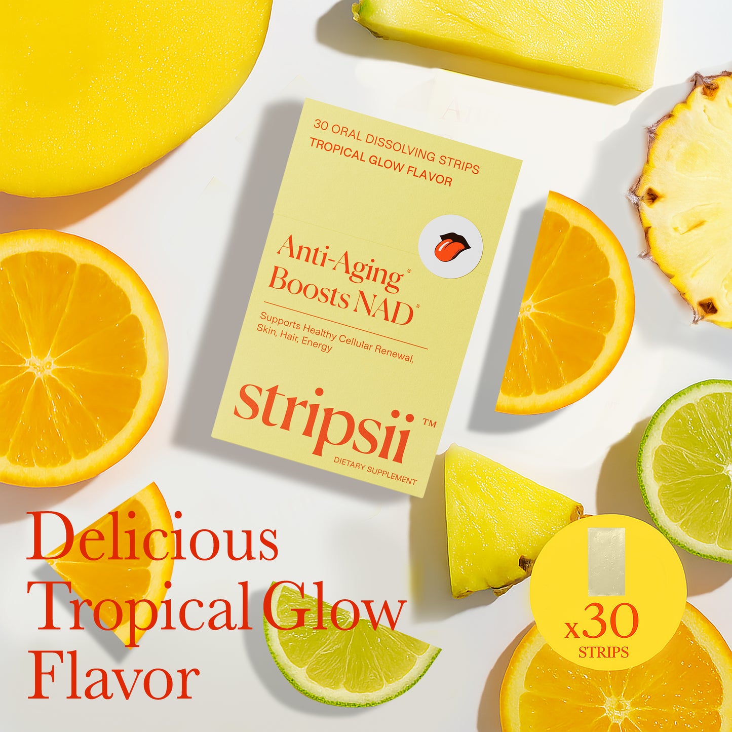 strippii dietary supplement package with tropical fruits on a white background