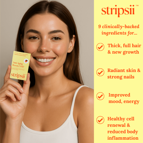 Oral dissolving beauty supplement with biotin and collagen for glowing skin, nail strength, and anti-aging results without pills.